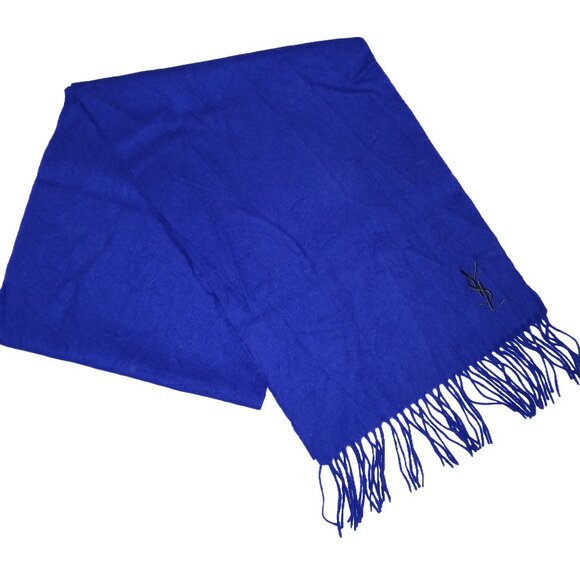 Yves Saint Laurent YSL Royal Blue Embroidered Wool Fringed Scarf Pre-Owned - Picture 1 of 6